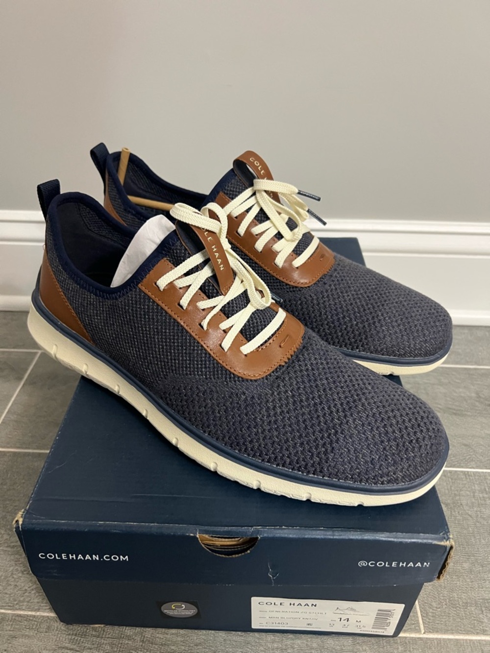 Cole Haan Navy Knit Sneakers with Brown Leather Accents